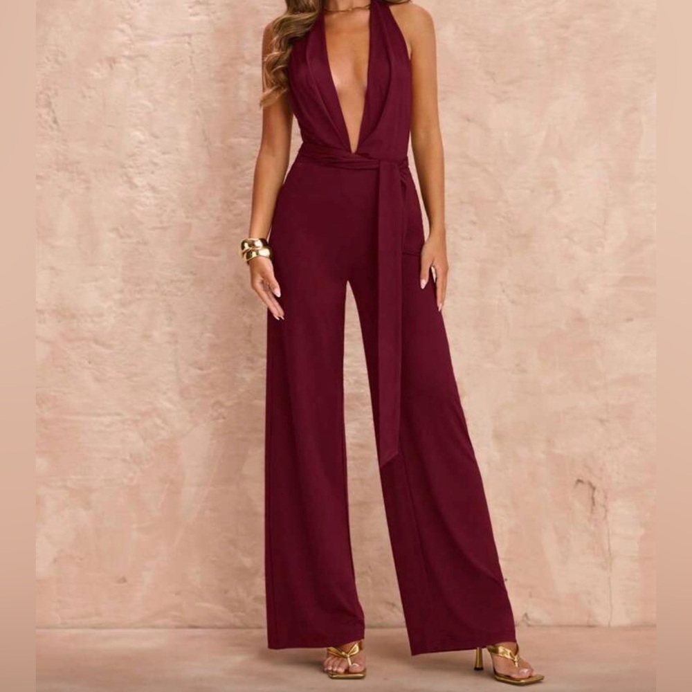 Elegant Burgundy Halter Jumpsuit